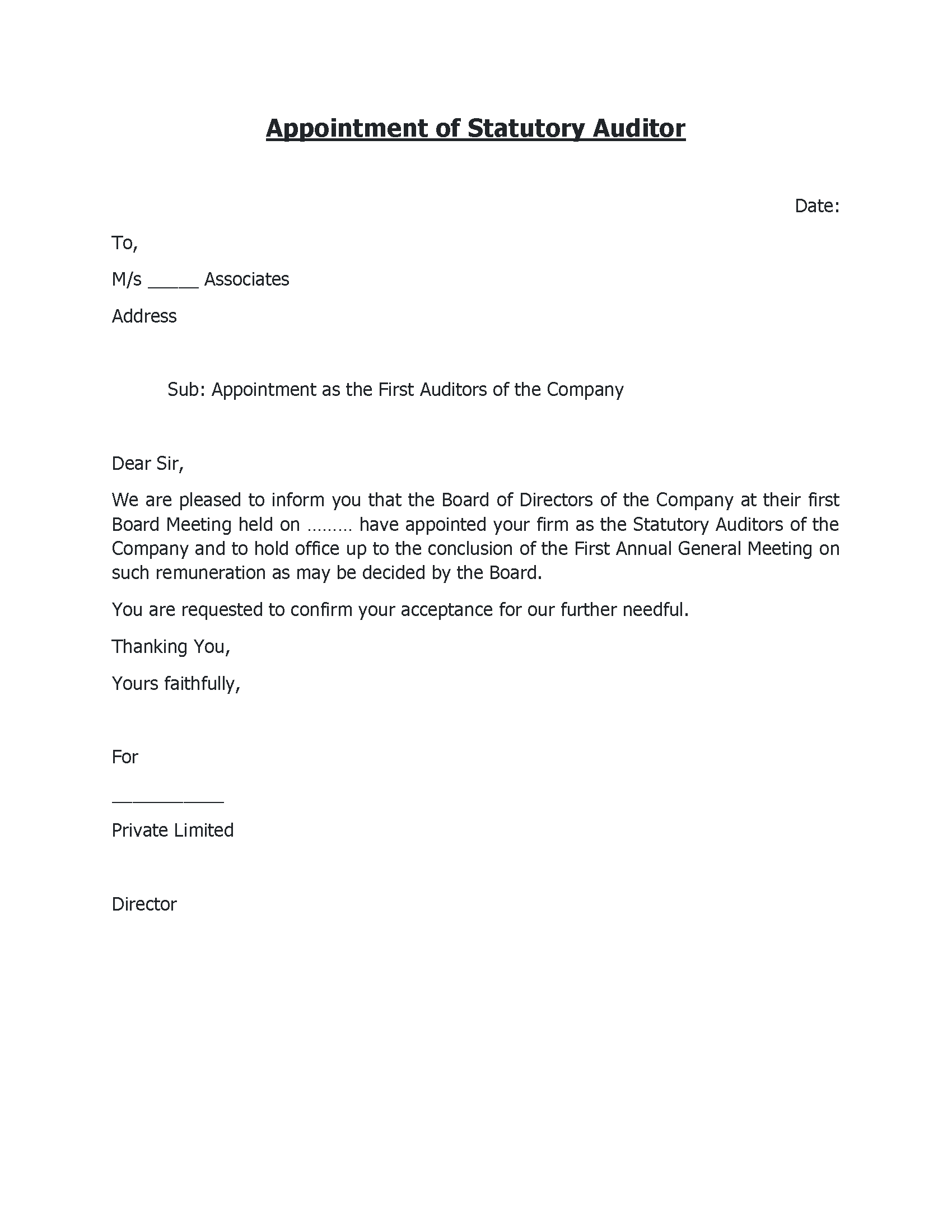 Appointment Of Statutory Auditor